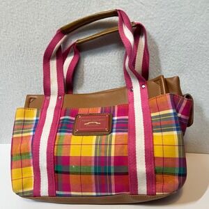 Tommy Hilfiger Plaid Tote Bag Tan Leather Straps Pink White Stripes Y2K